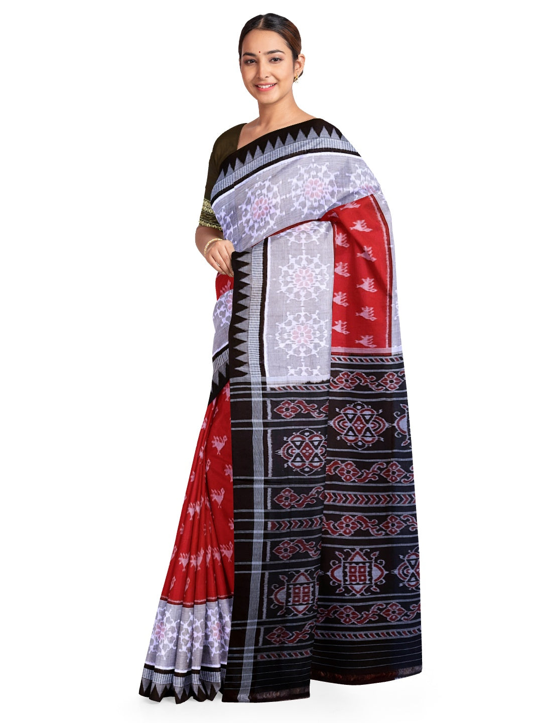Red wide border Cotton Odisha Ikat saree  with mix match cotton ikat blouse