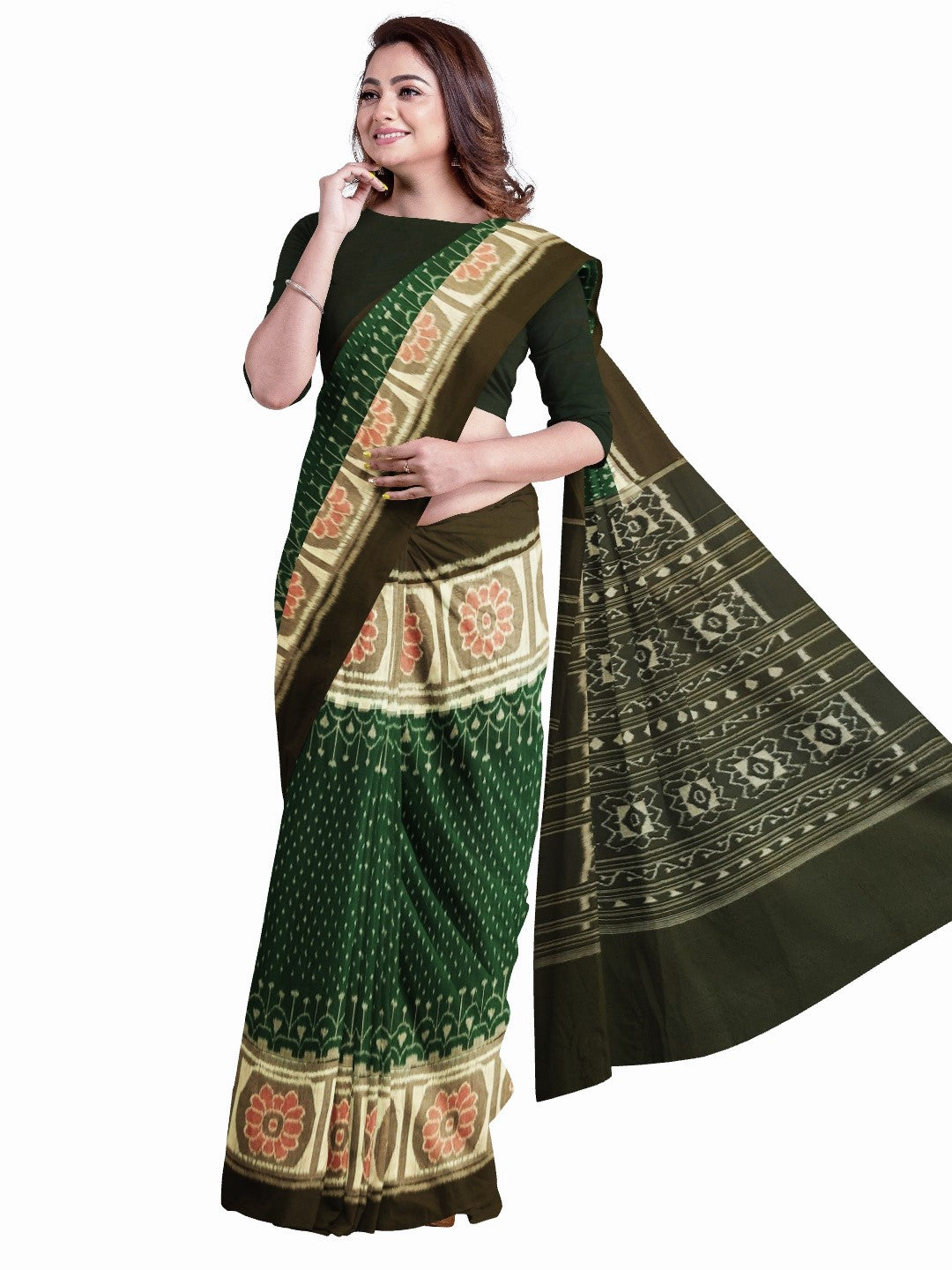 Green cotton Sambalpuri Saree with running blouse piece