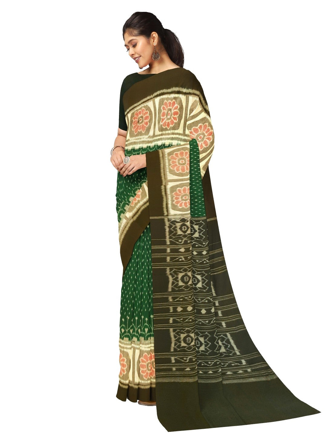 Green cotton Sambalpuri Saree with running blouse piece