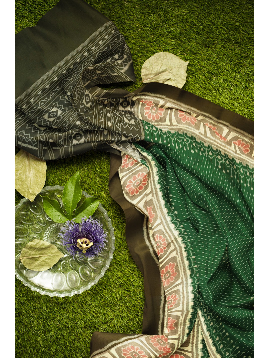 Green cotton Sambalpuri Saree with running blouse piece