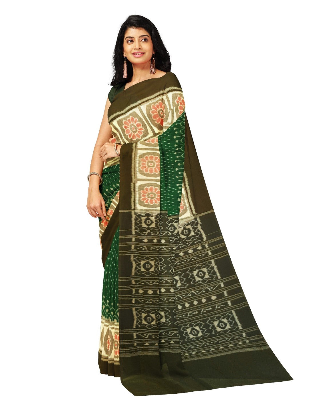 Green cotton Sambalpuri Saree with running blouse piece
