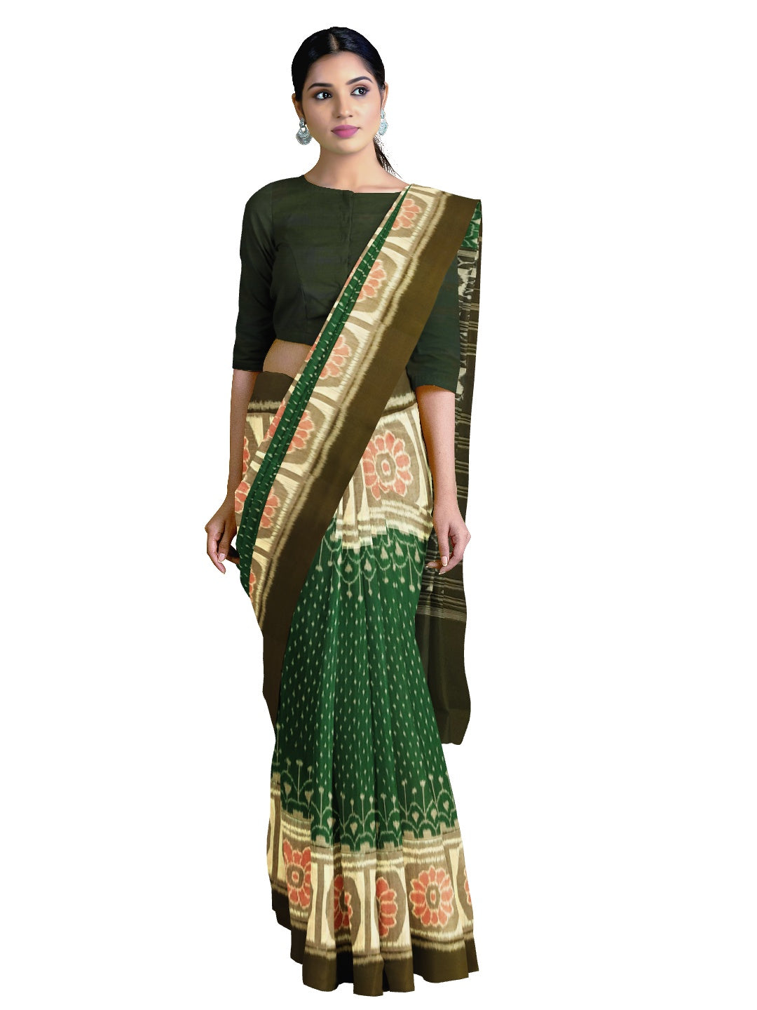 Green cotton Sambalpuri Saree with running blouse piece