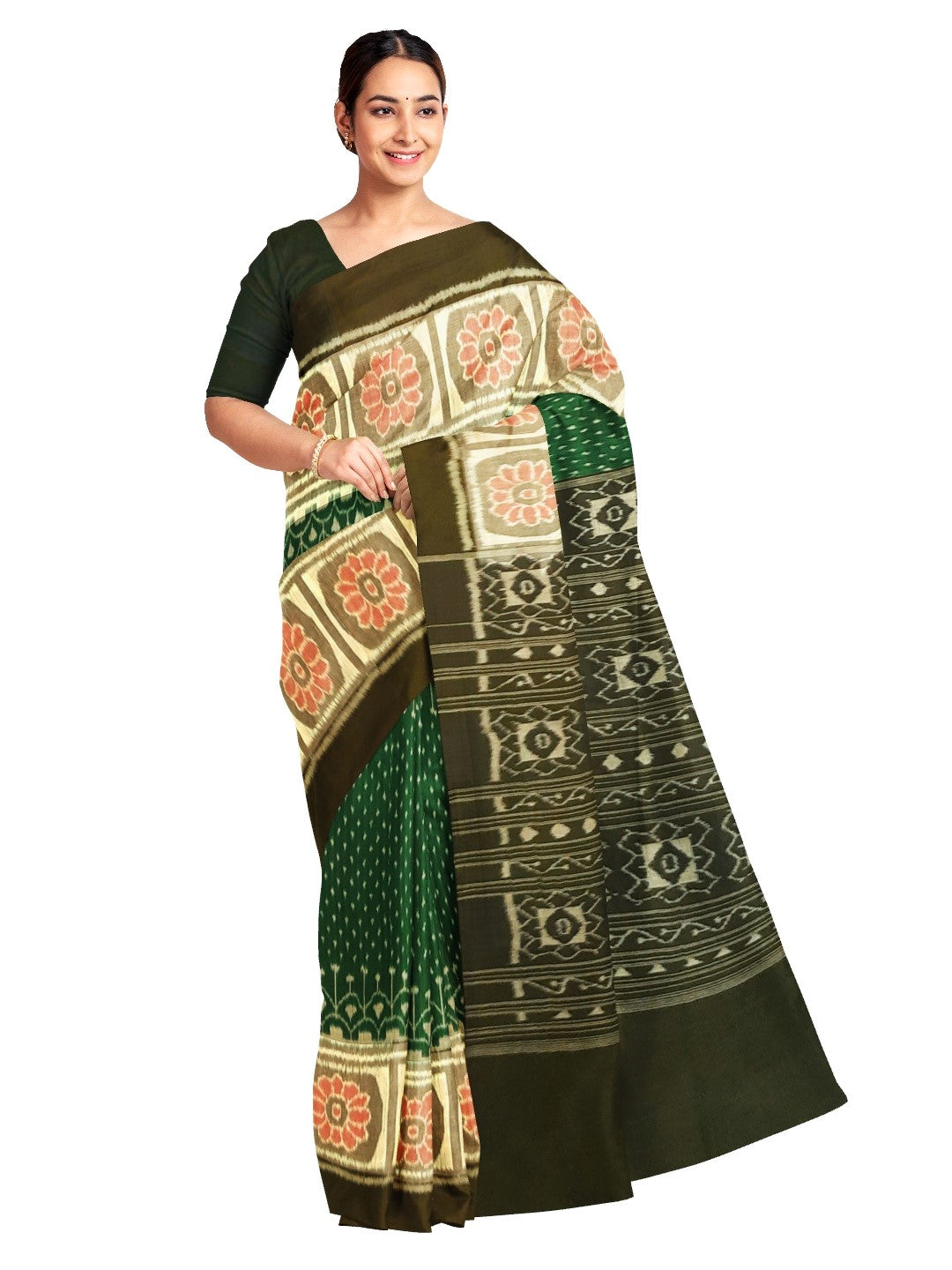 Green cotton Sambalpuri Saree with running blouse piece
