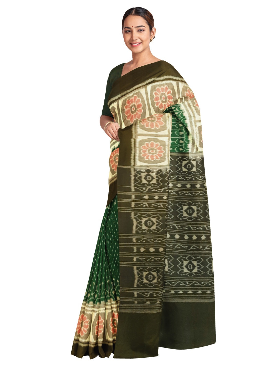 Green cotton Sambalpuri Saree with running blouse piece
