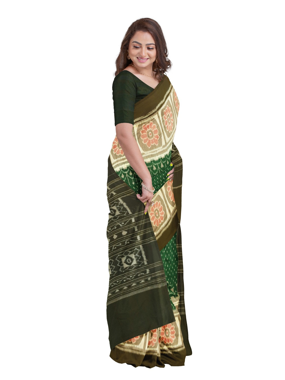 Green cotton Sambalpuri Saree with running blouse piece