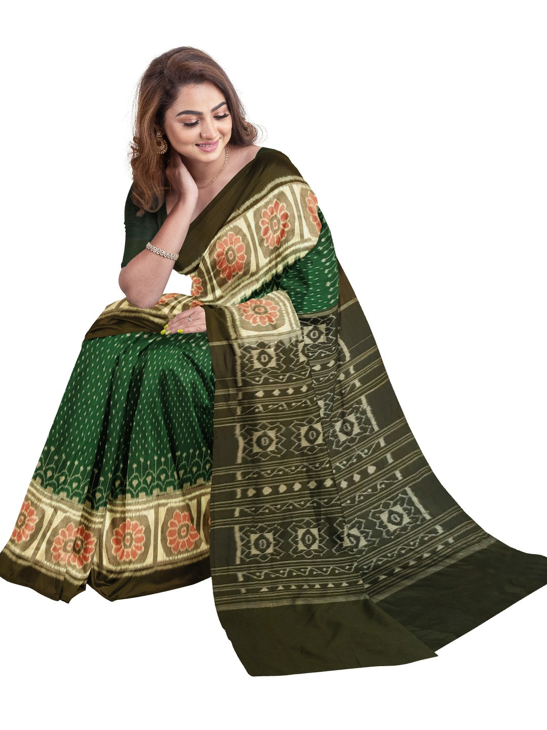 Green cotton Sambalpuri Saree with running blouse piece