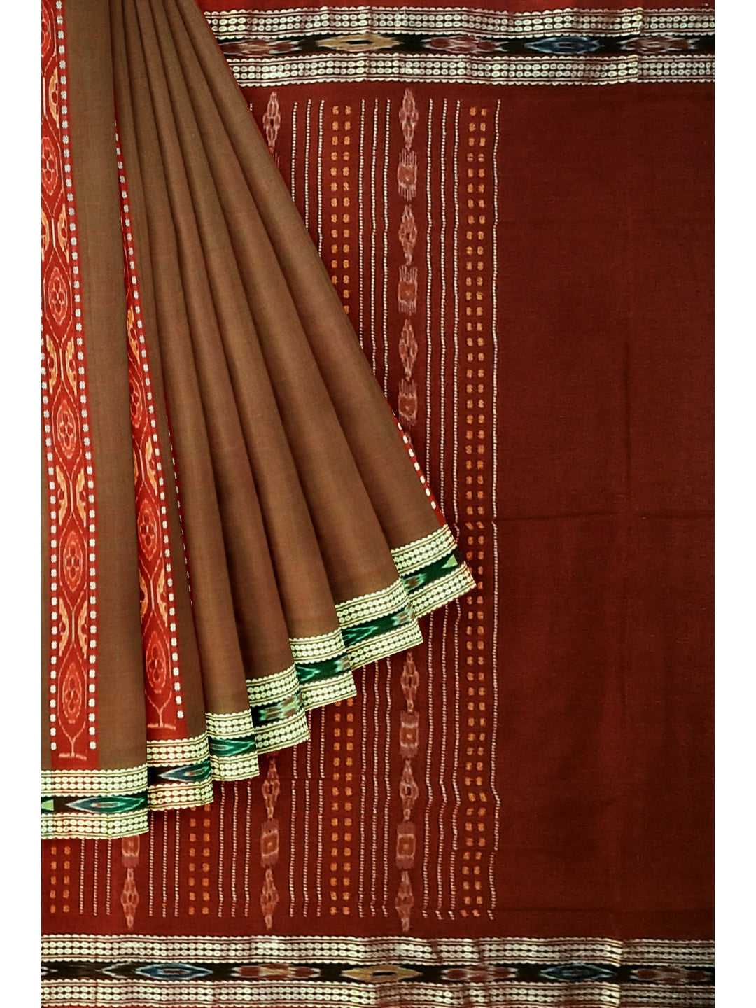 Brown dual shade Sambalpuri Saree with matching cotton Ikat blouse piece