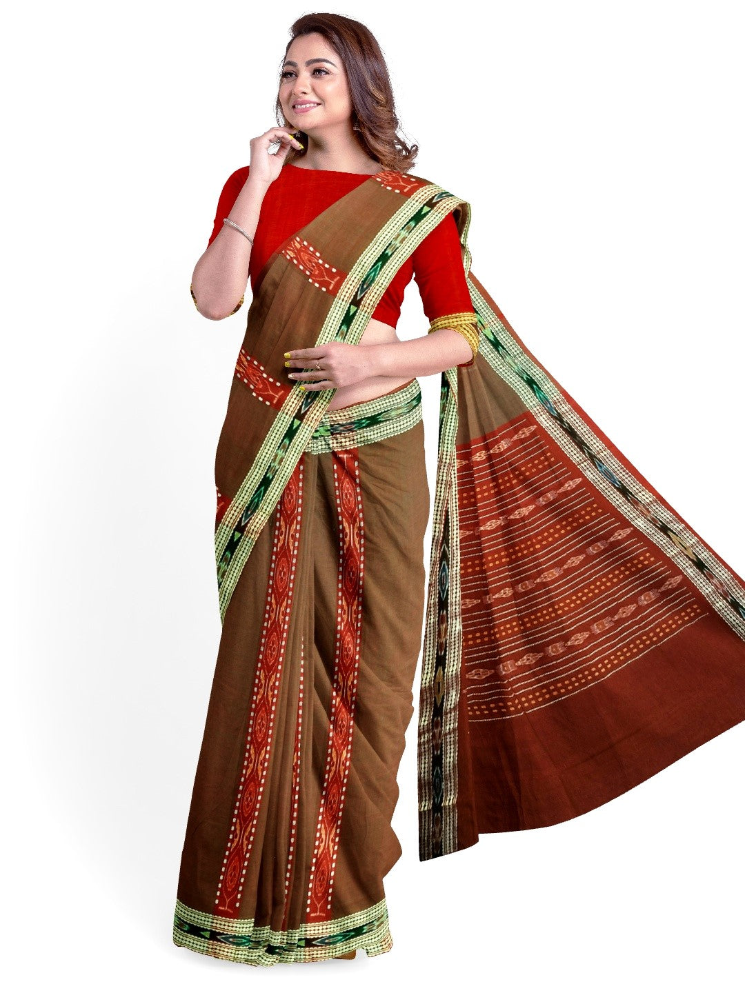 Brown dual shade Sambalpuri Saree with matching cotton Ikat blouse piece
