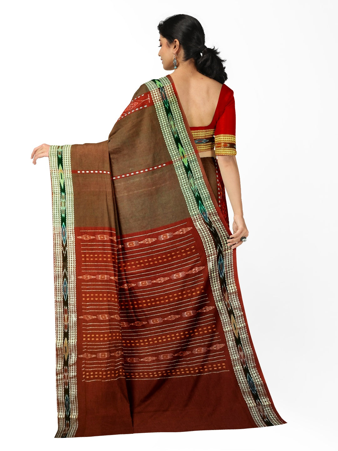 Brown dual shade Sambalpuri Saree with matching cotton Ikat blouse piece