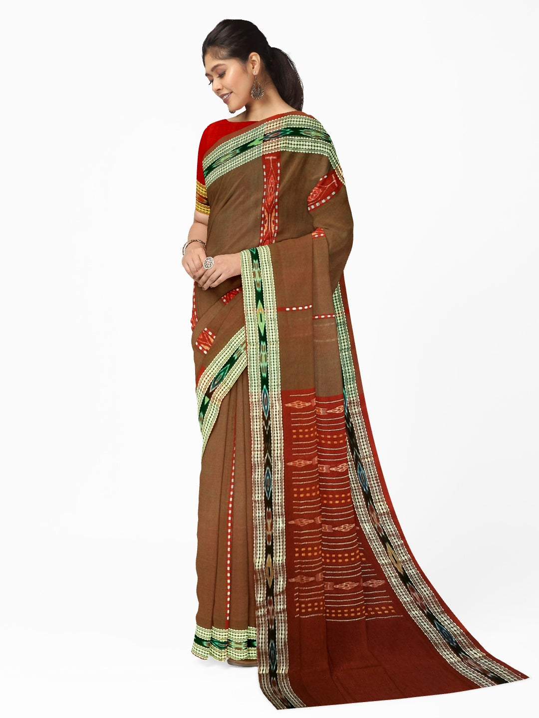 Brown dual shade Sambalpuri Saree with matching cotton Ikat blouse piece
