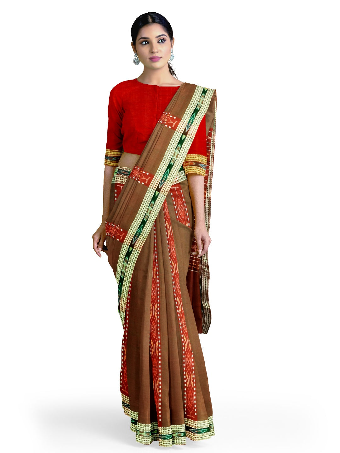 Brown dual shade Sambalpuri Saree with matching cotton Ikat blouse piece