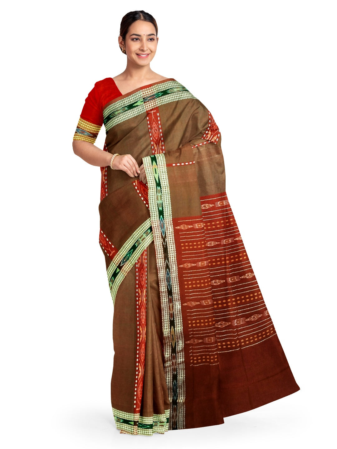Brown dual shade Sambalpuri Saree with matching cotton Ikat blouse piece