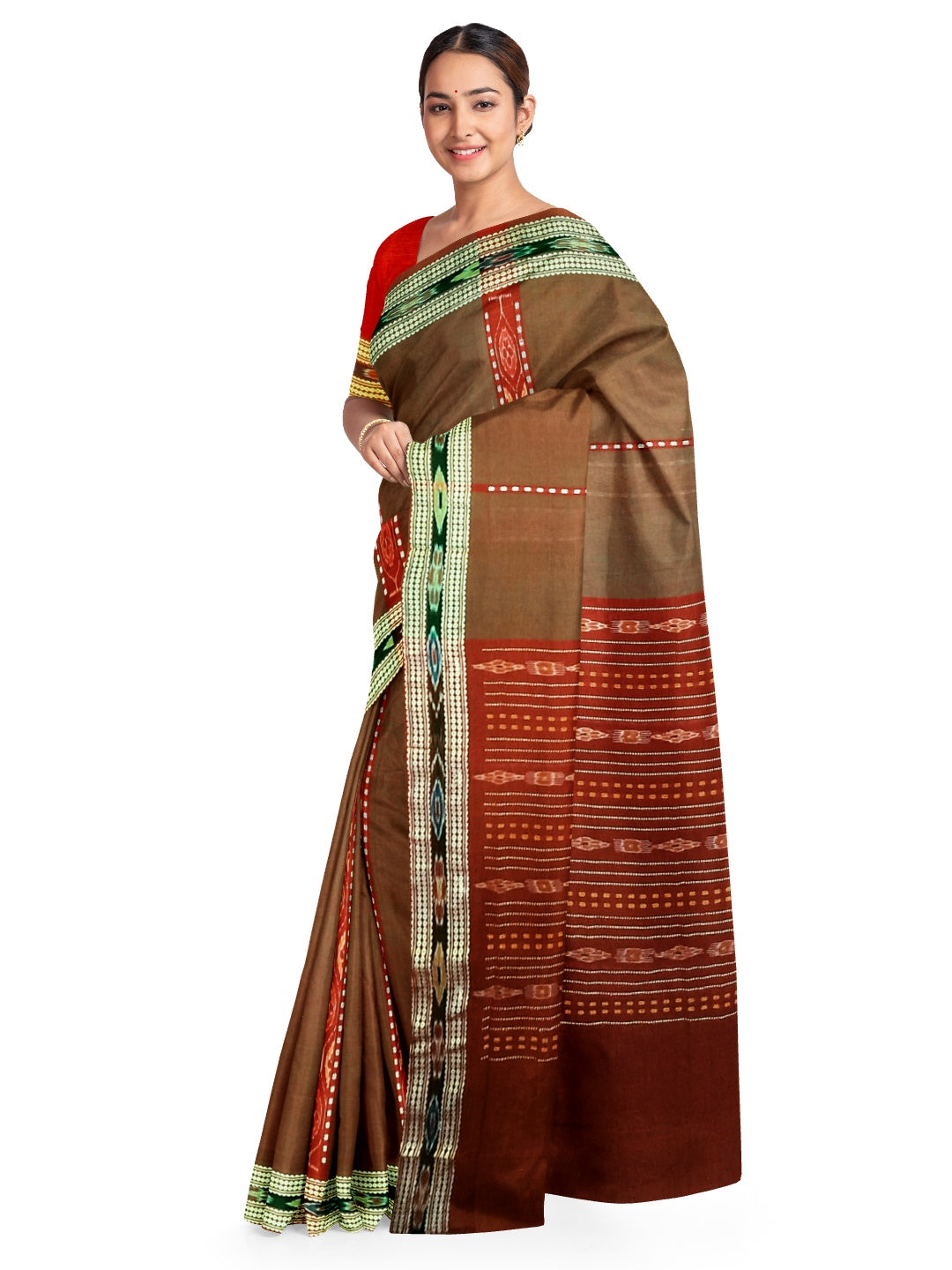 Brown dual shade Sambalpuri Saree with matching cotton Ikat blouse piece