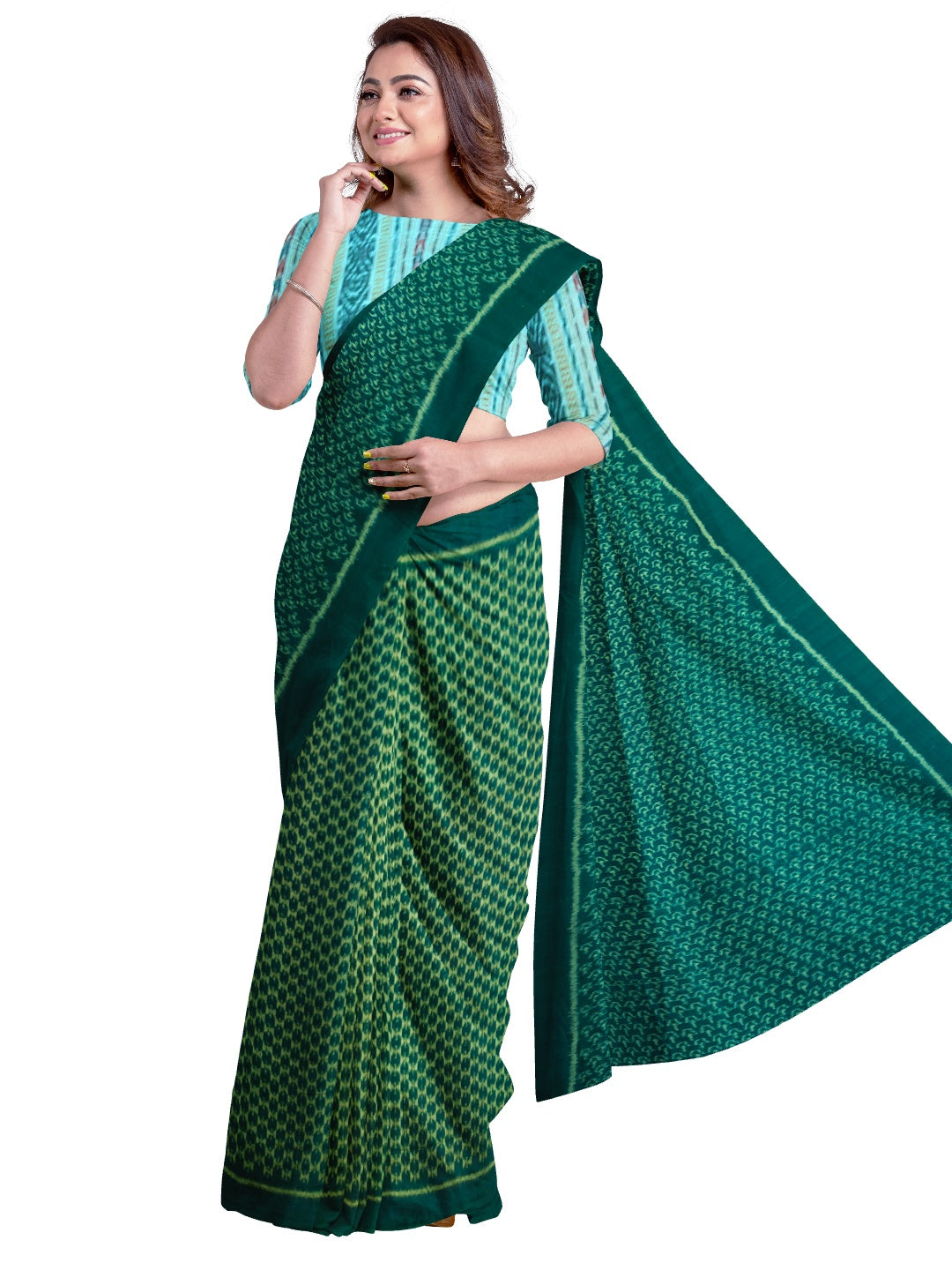 Green Sambalpuri cotton Saree with mix match cotton ikat blouse piece