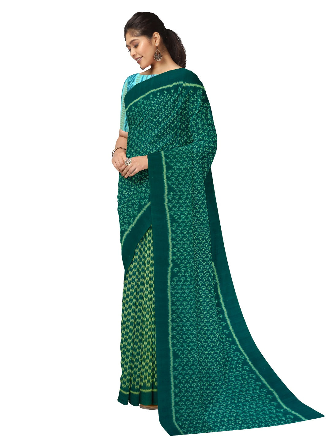 Green Sambalpuri cotton Saree with mix match cotton ikat blouse piece