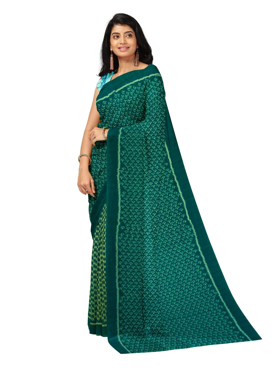 Green Sambalpuri cotton Saree with mix match cotton ikat blouse piece
