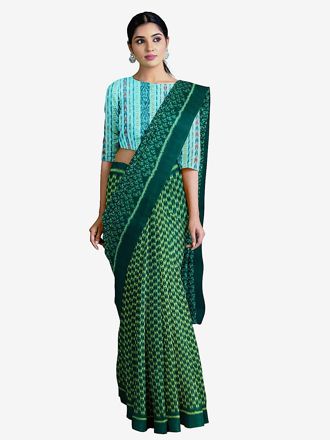 Green Sambalpuri cotton Saree with mix match cotton ikat blouse piece