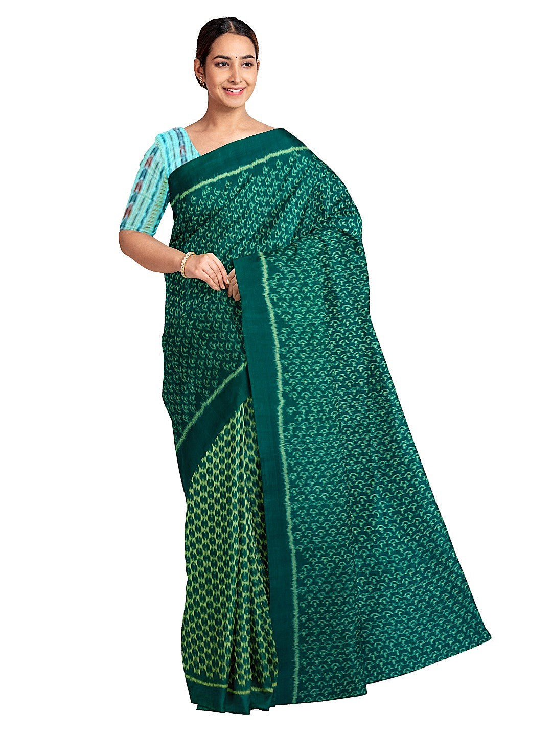 Green Sambalpuri cotton Saree with mix match cotton ikat blouse piece
