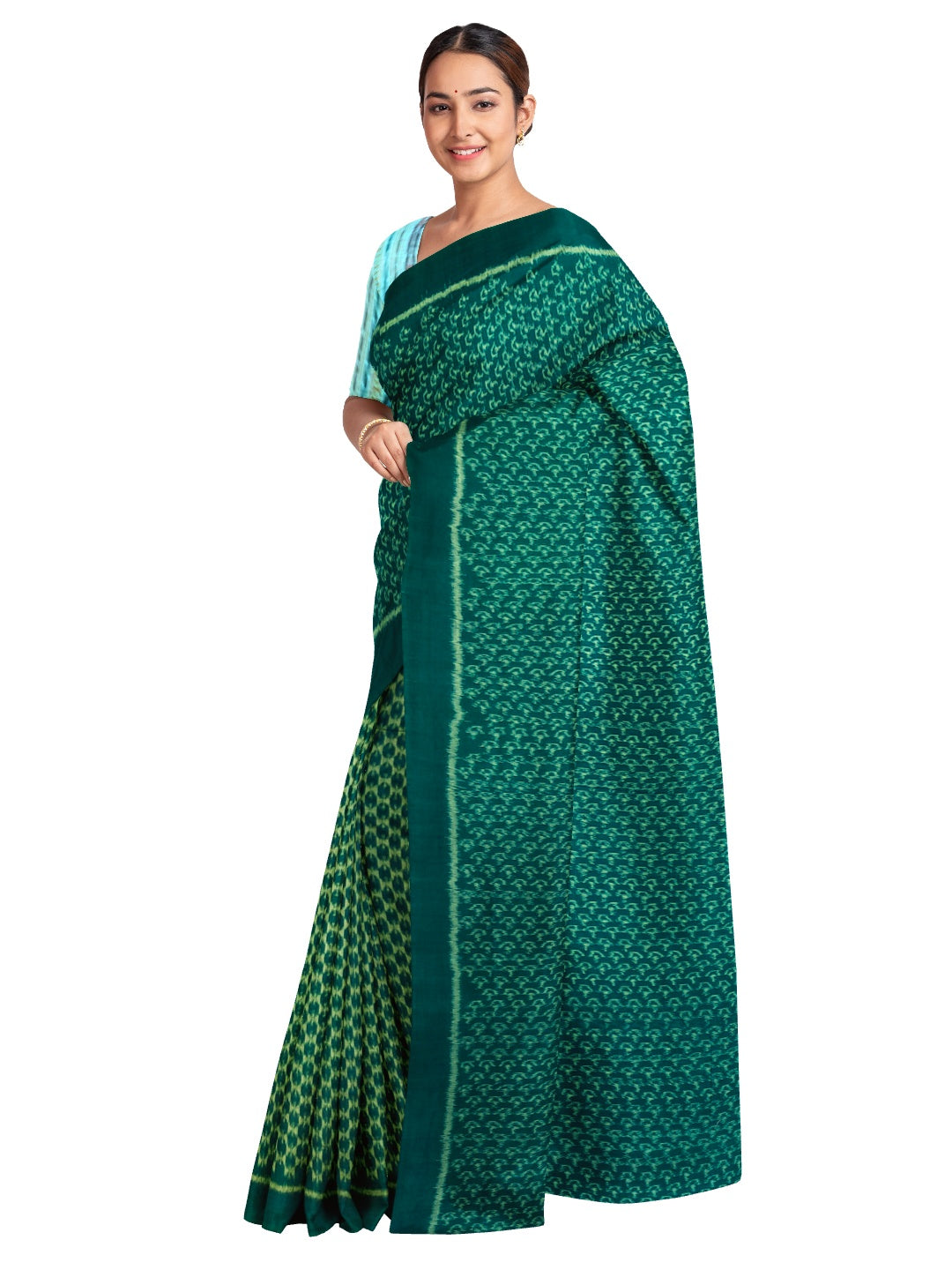 Green Sambalpuri cotton Saree with mix match cotton ikat blouse piece