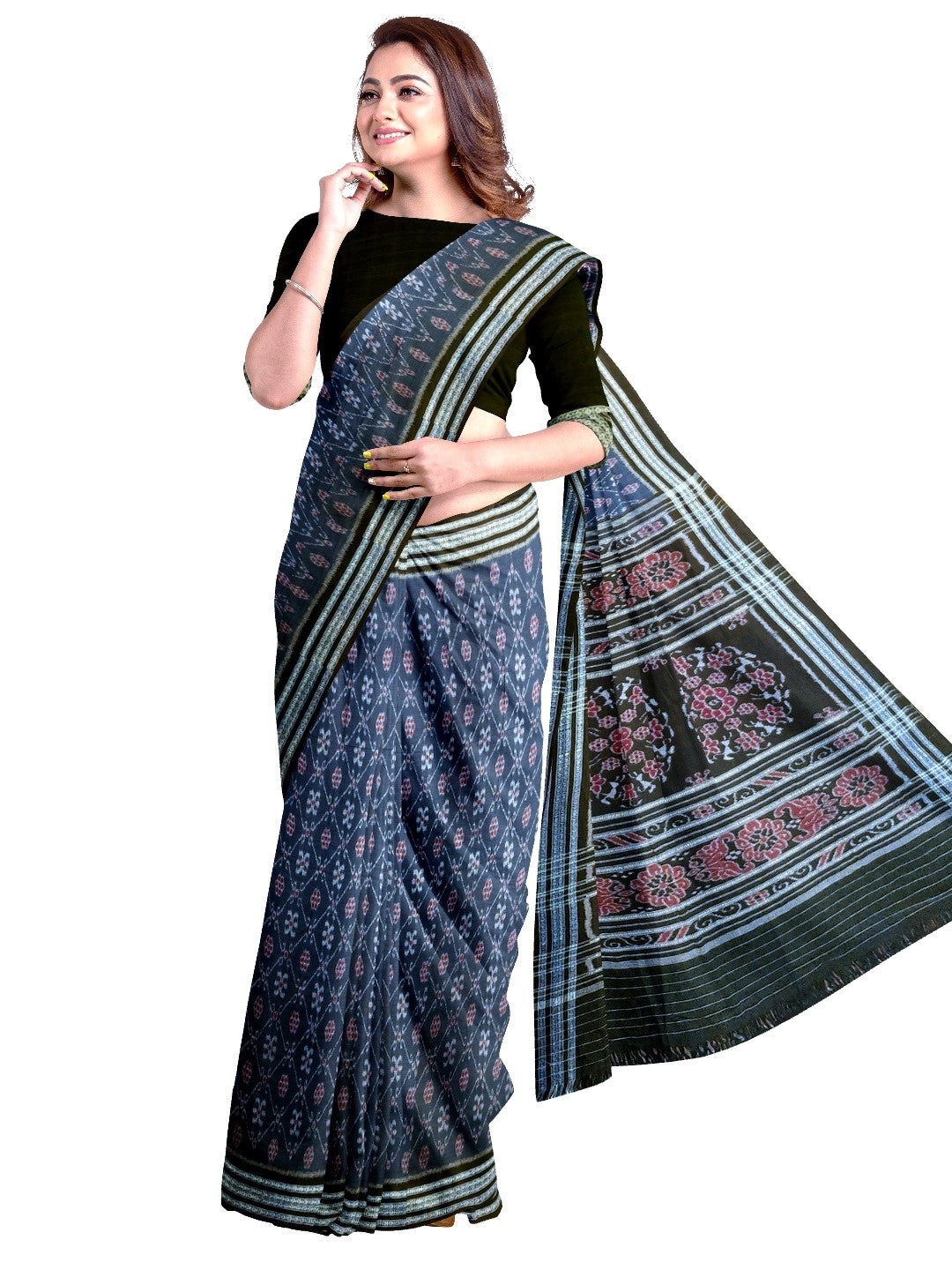 Blue cotton Sambalpuri Saree paired with cotton ikat blouse piece