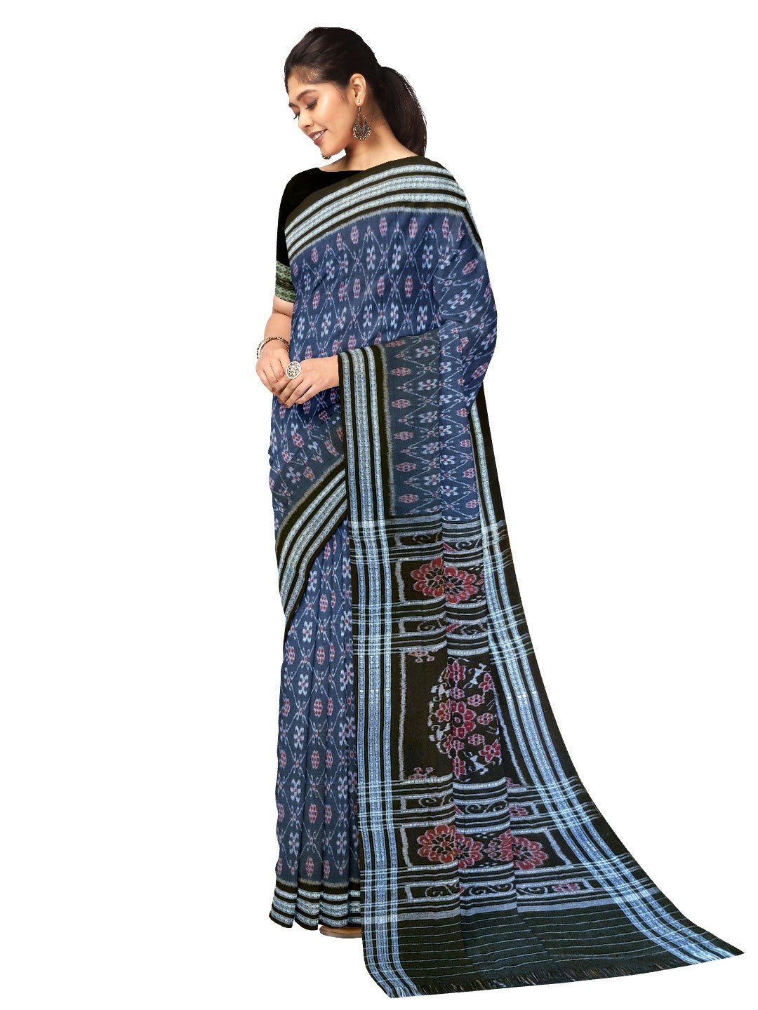 Blue cotton Sambalpuri Saree paired with cotton ikat blouse piece