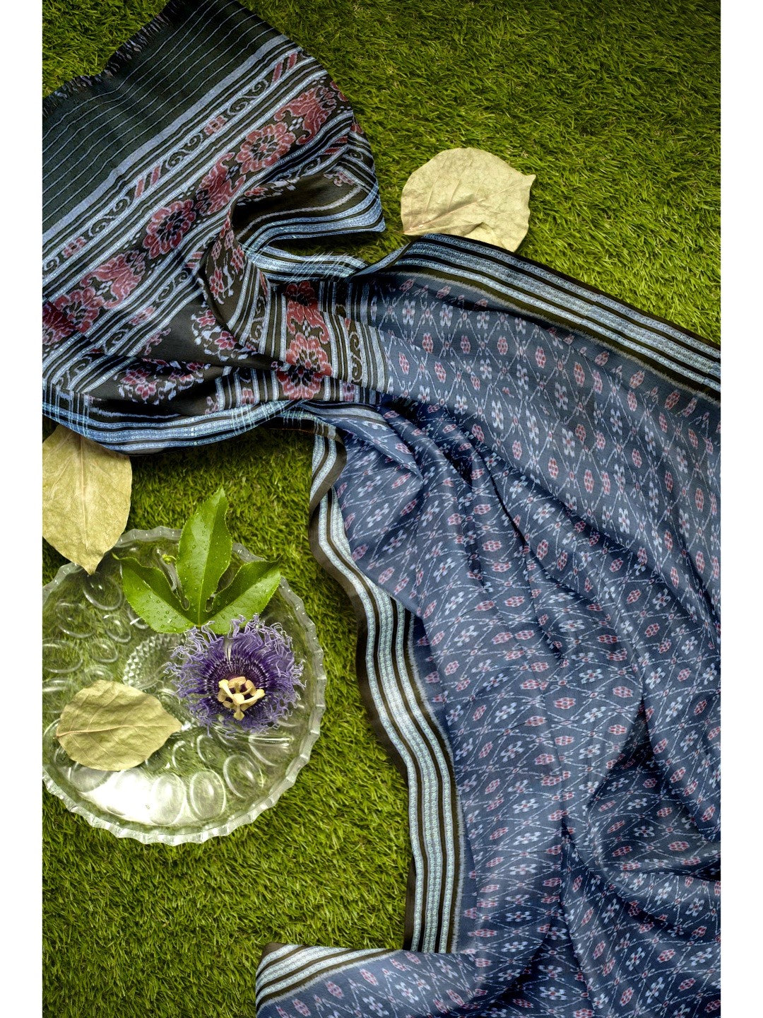 Blue cotton Sambalpuri Saree paired with cotton ikat blouse piece