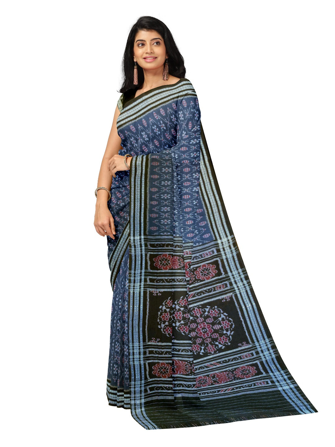 Blue cotton Sambalpuri Saree paired with cotton ikat blouse piece