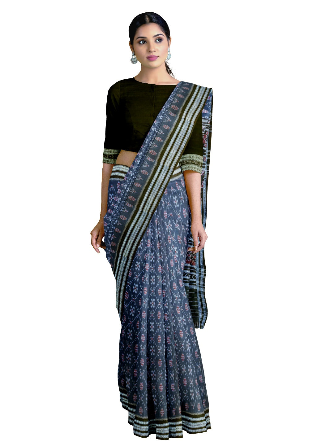 Blue cotton Sambalpuri Saree paired with cotton ikat blouse piece