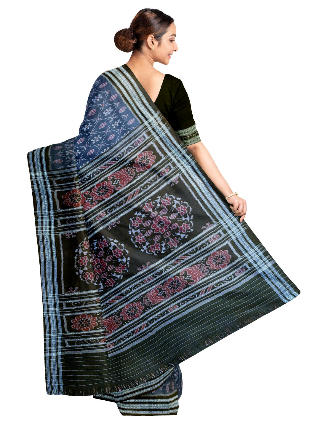 Blue cotton Sambalpuri Saree paired with cotton ikat blouse piece