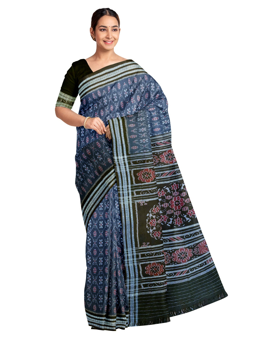 Blue cotton Sambalpuri Saree paired with cotton ikat blouse piece