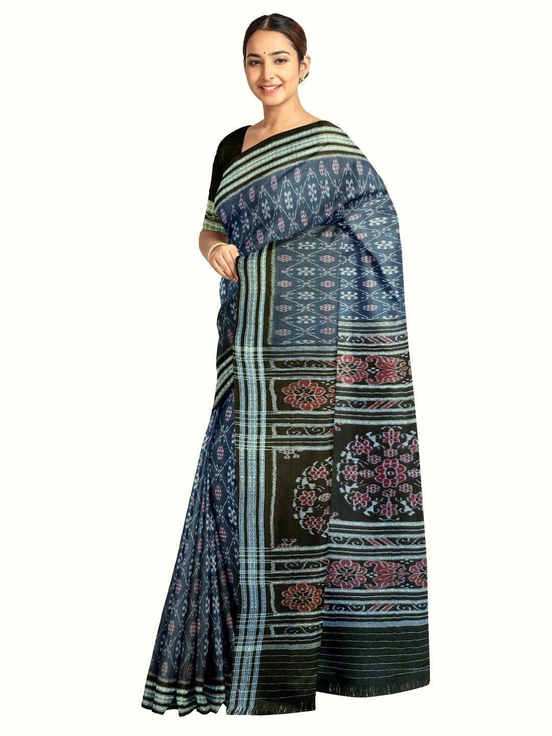 Blue cotton Sambalpuri Saree paired with cotton ikat blouse piece