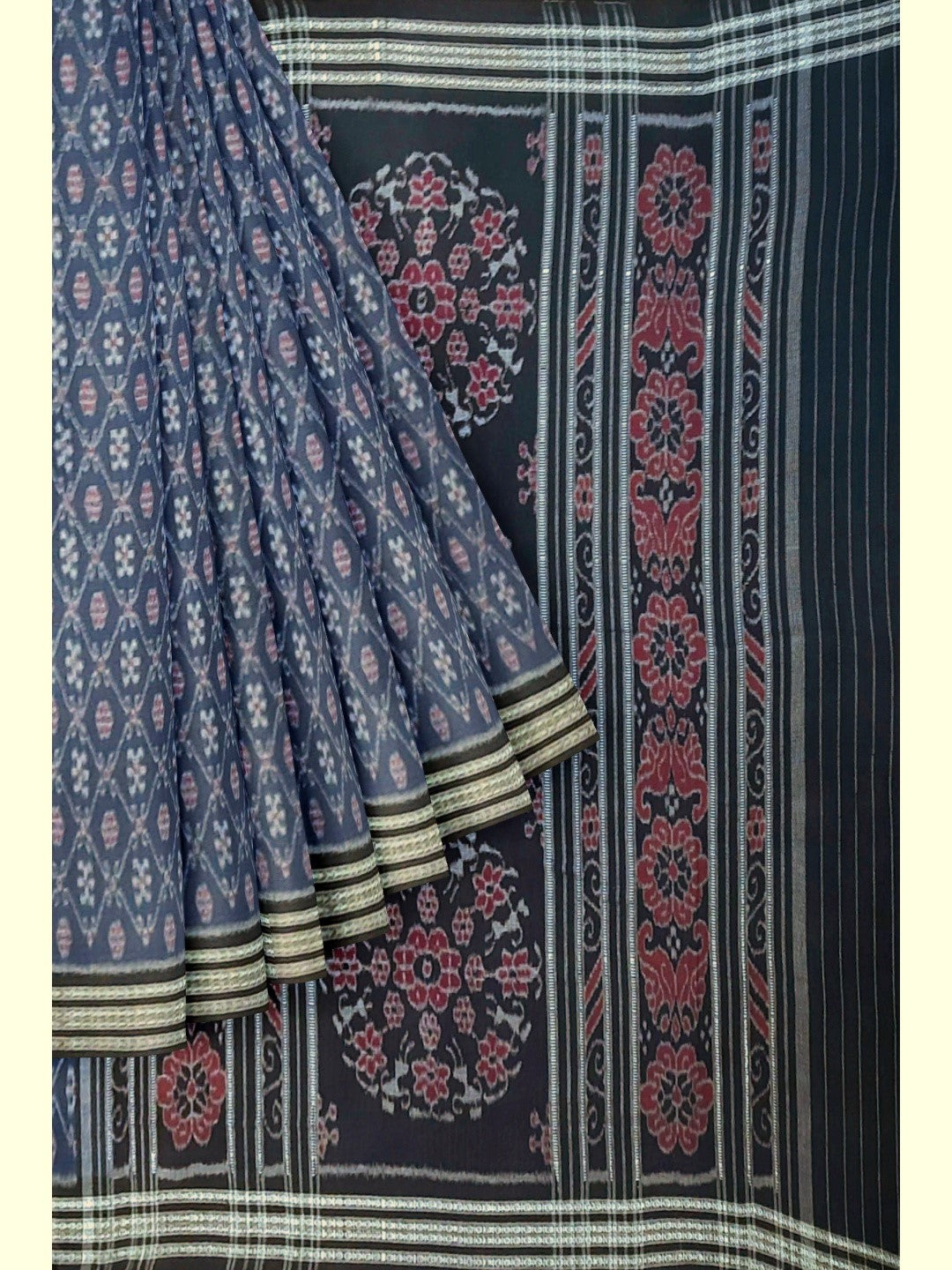 Blue cotton Sambalpuri Saree paired with cotton ikat blouse piece