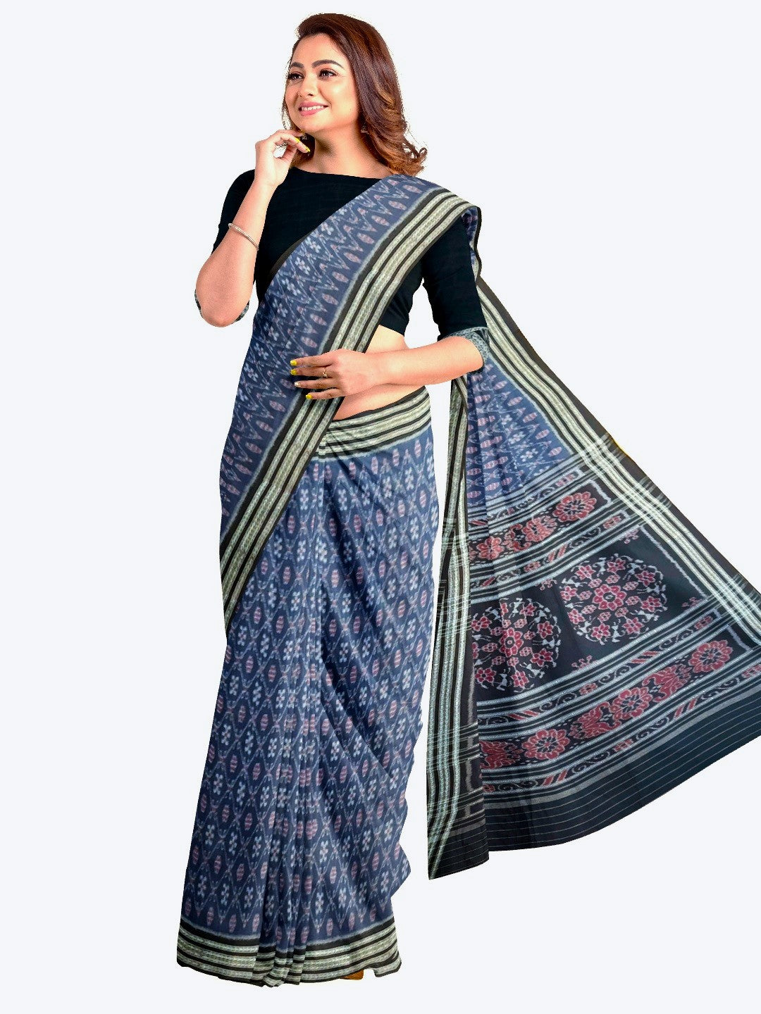 Blue cotton Sambalpuri Saree paired with cotton ikat blouse piece