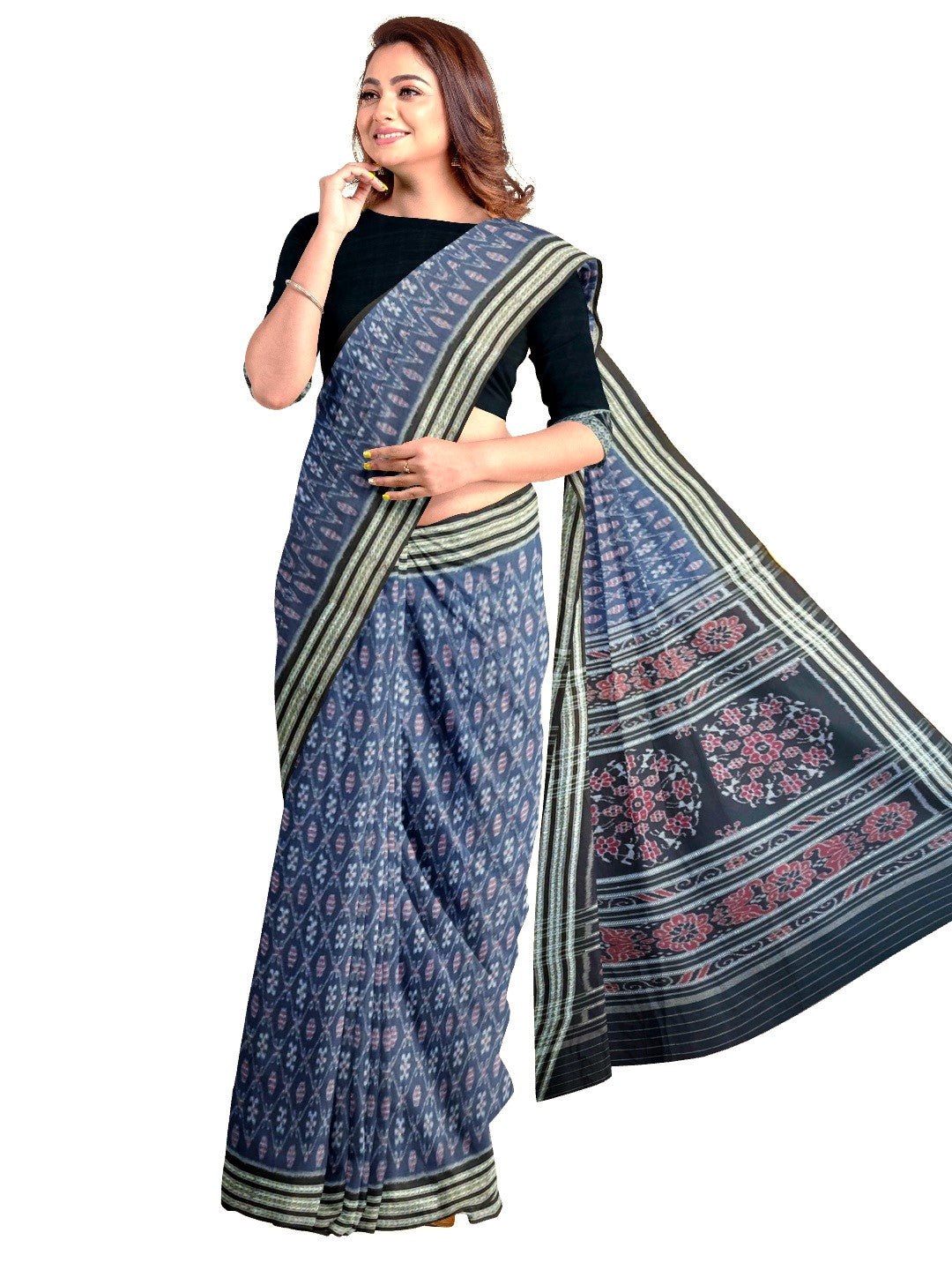 Blue cotton Sambalpuri Saree paired with cotton ikat blouse piece