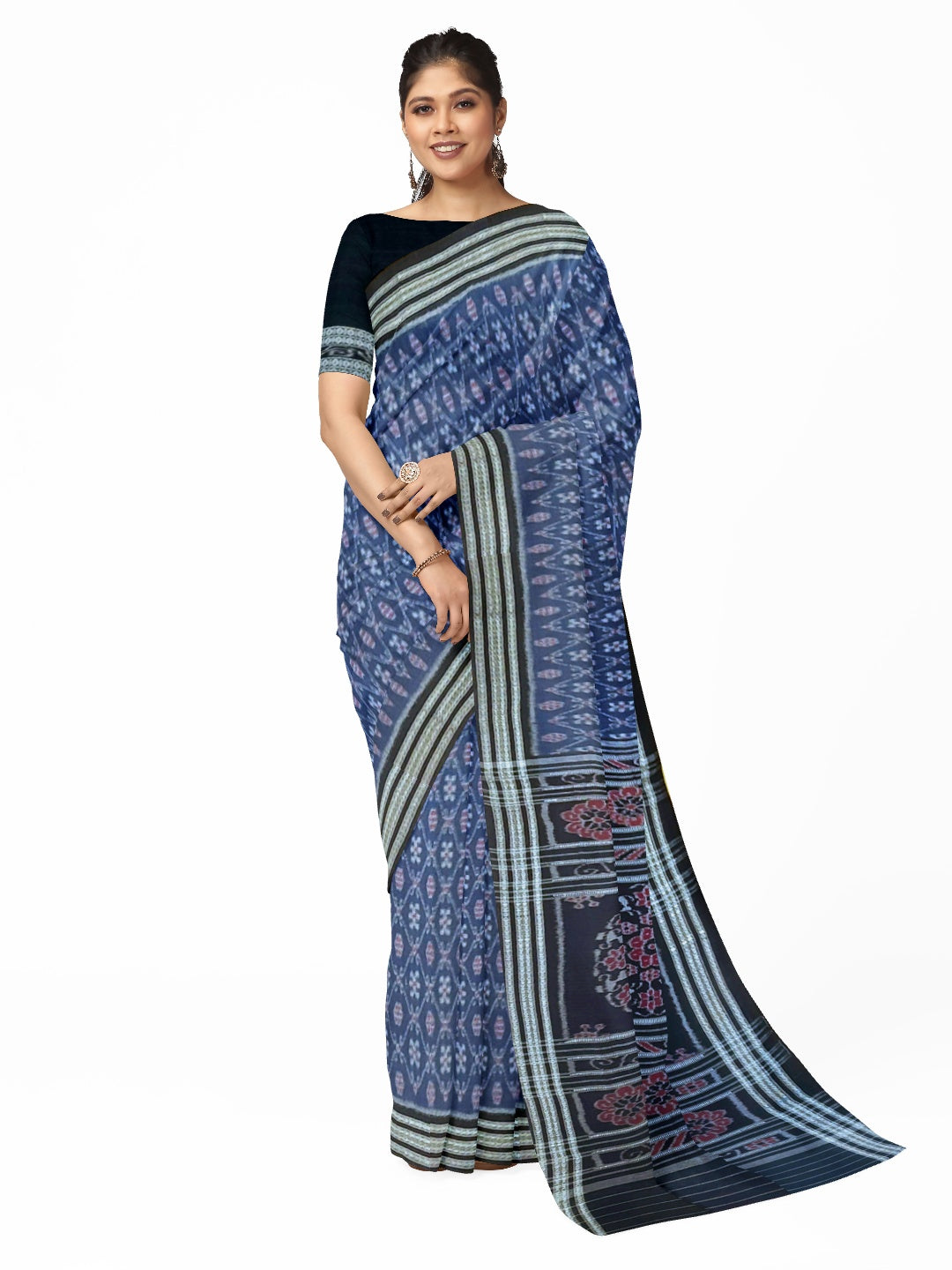 Blue cotton Sambalpuri Saree paired with cotton ikat blouse piece