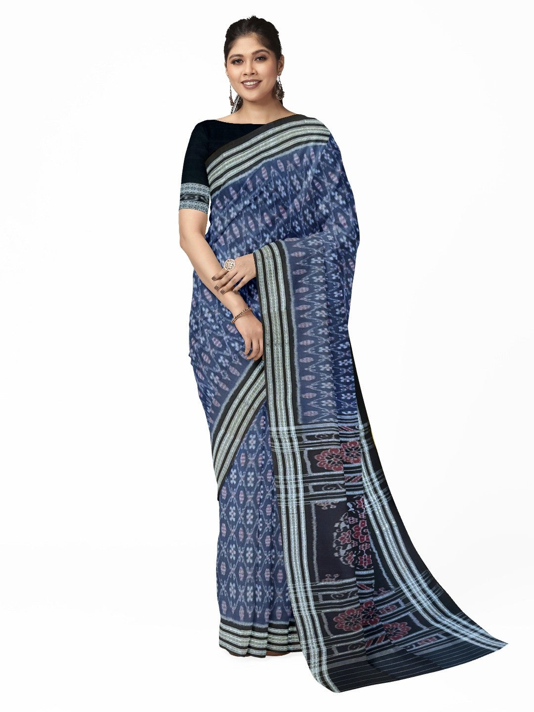Blue cotton Sambalpuri Saree paired with cotton ikat blouse piece