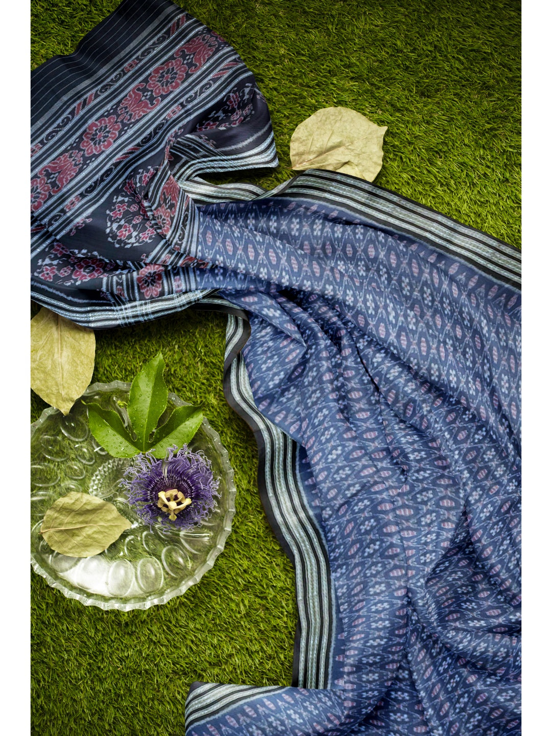 Blue cotton Sambalpuri Saree paired with cotton ikat blouse piece
