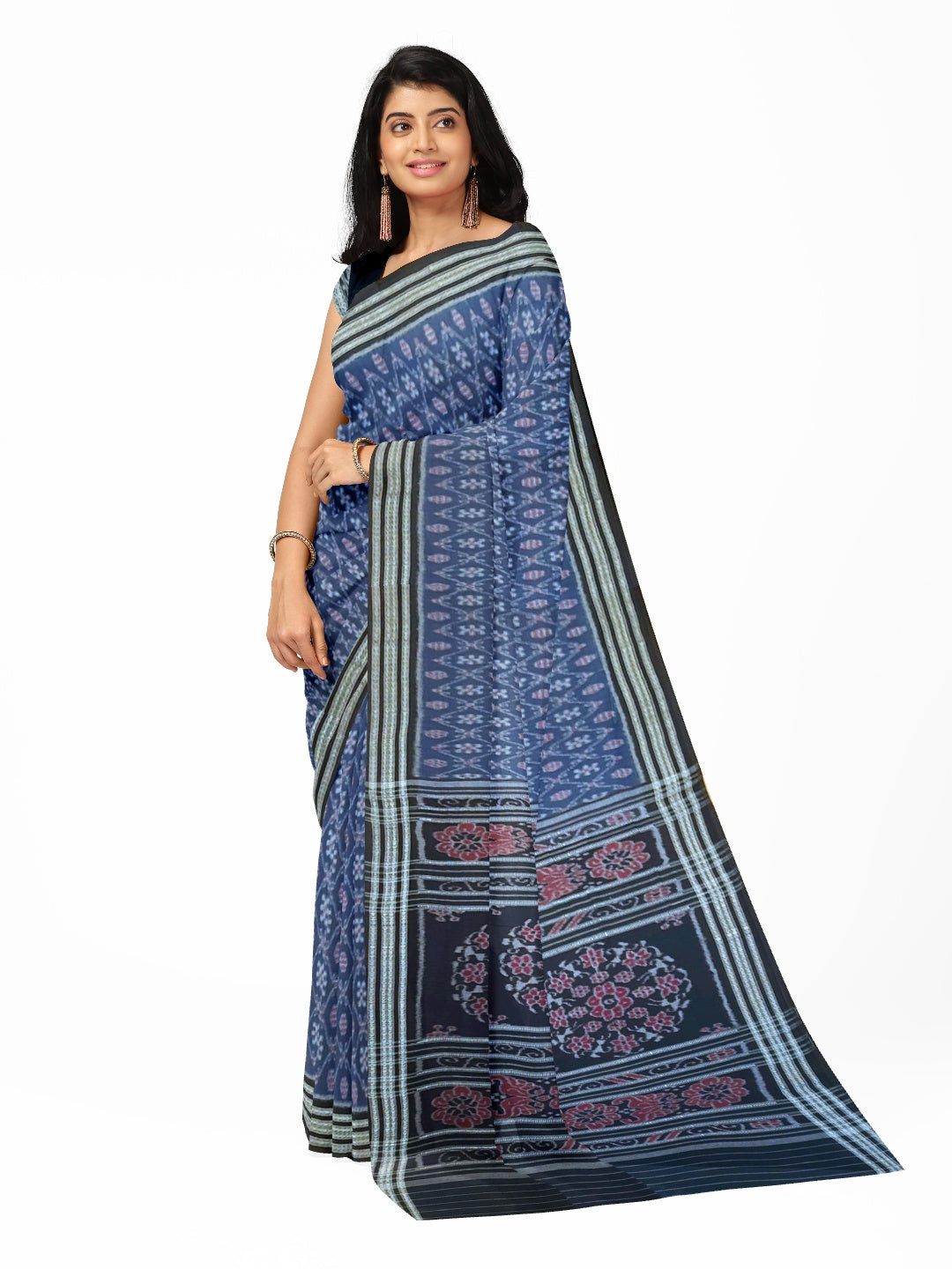 Blue cotton Sambalpuri Saree paired with cotton ikat blouse piece