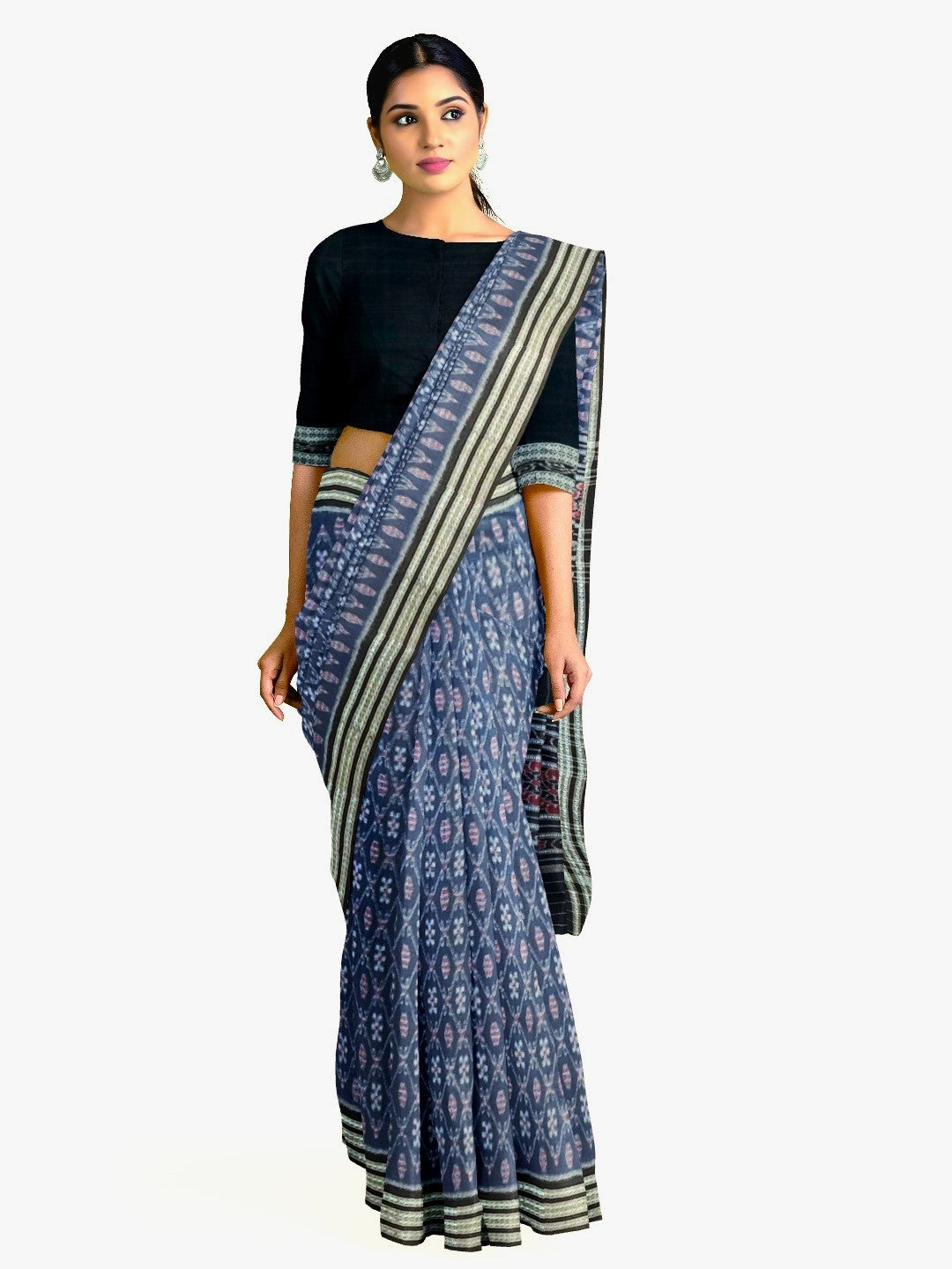 Blue cotton Sambalpuri Saree paired with cotton ikat blouse piece