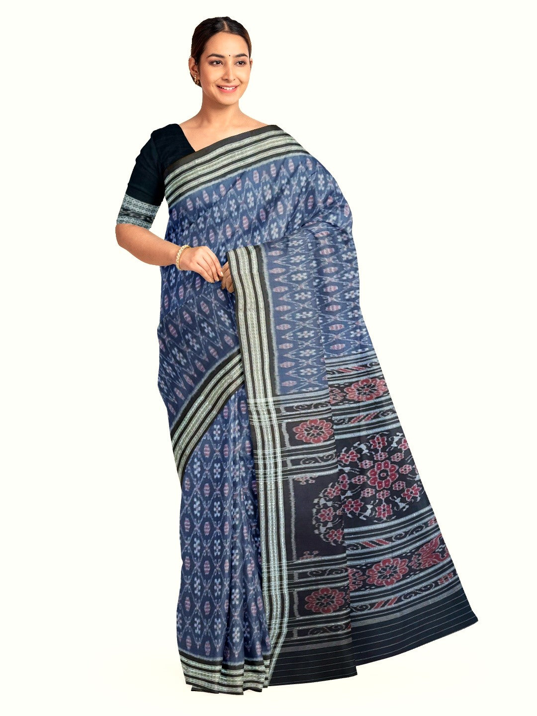 Blue cotton Sambalpuri Saree paired with cotton ikat blouse piece