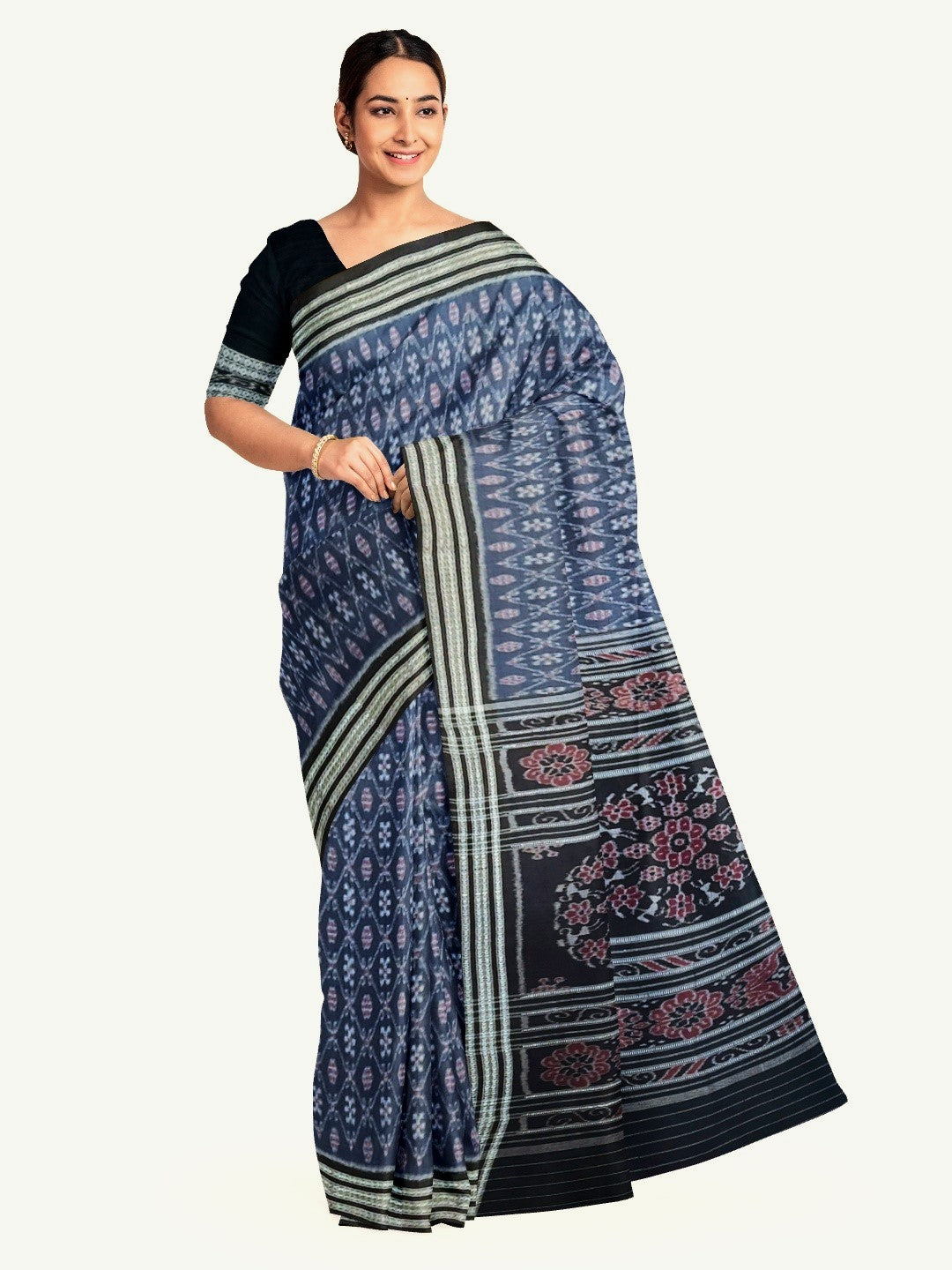 Blue cotton Sambalpuri Saree paired with cotton ikat blouse piece