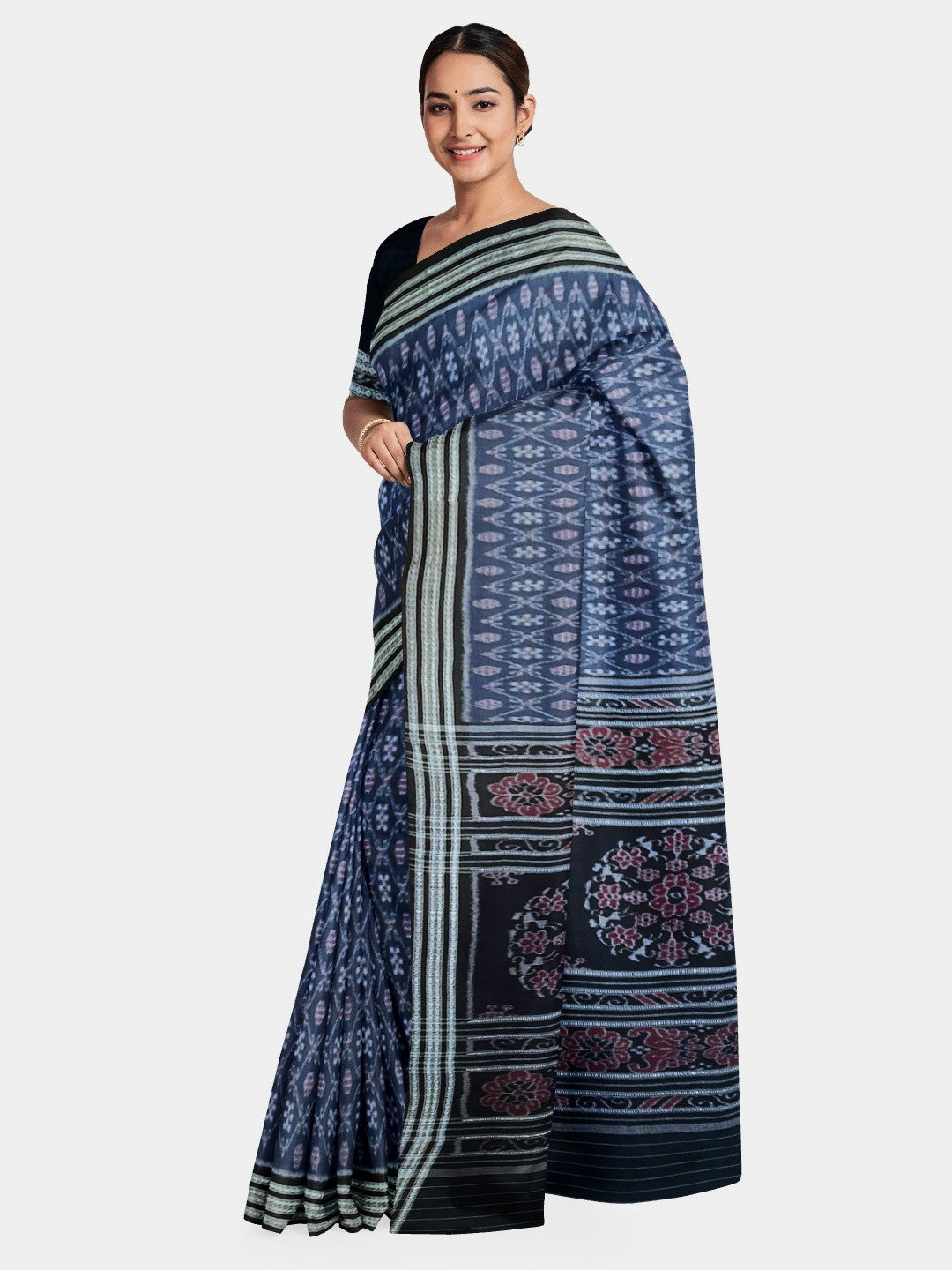 Blue cotton Sambalpuri Saree paired with cotton ikat blouse piece