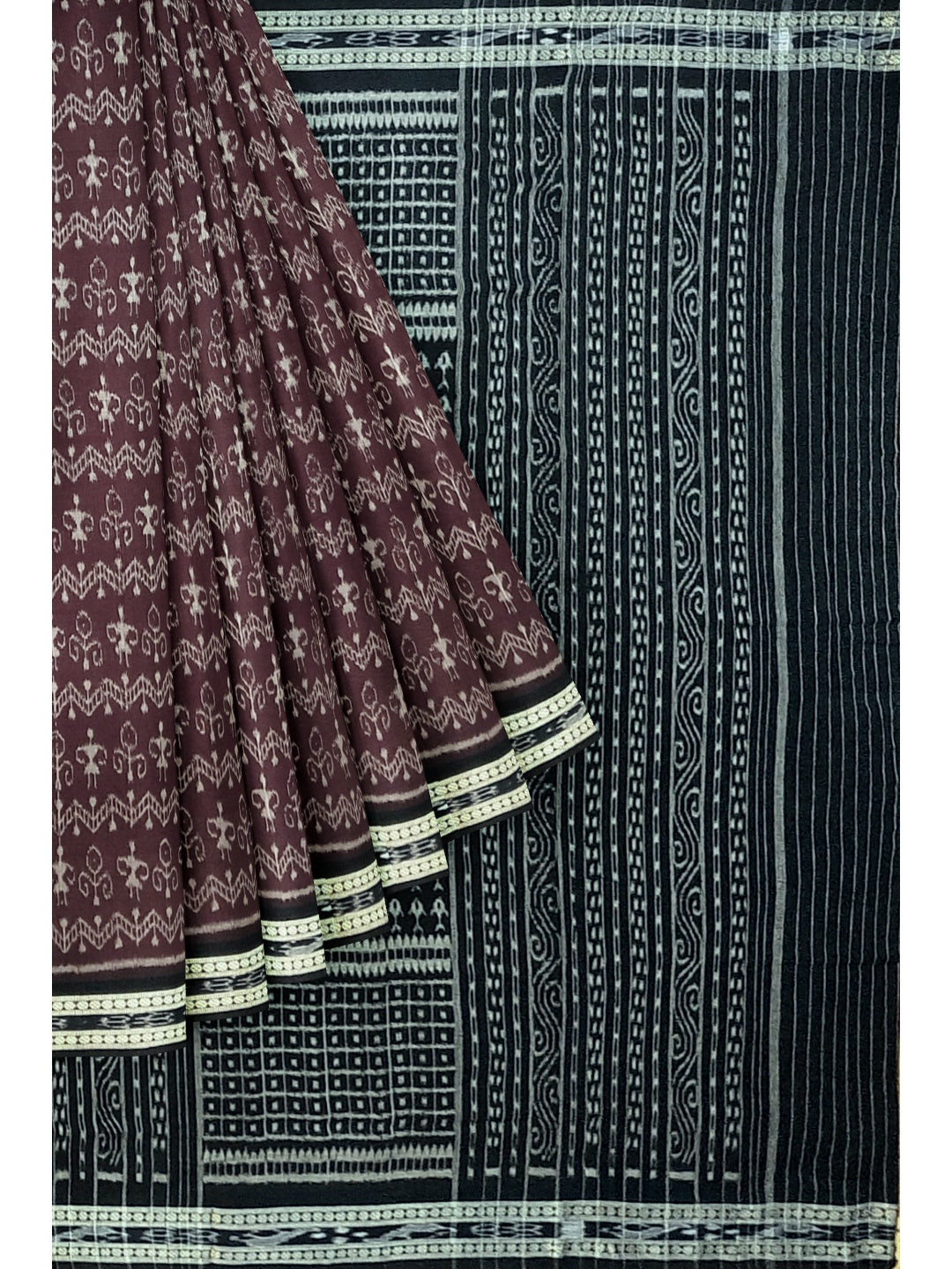 Dark Burgundy cotton Sambalpuri Saree with running blouse piece