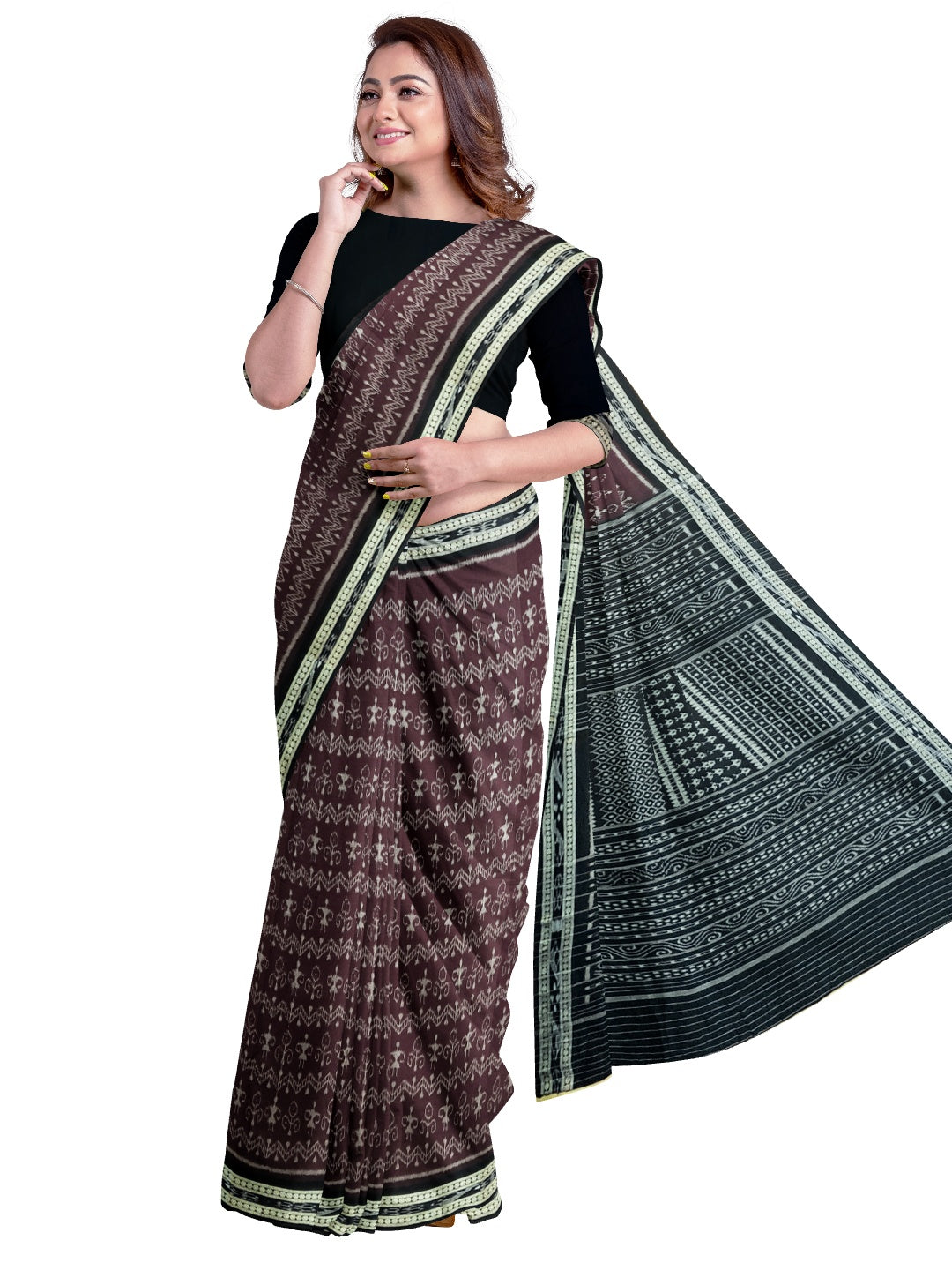 Dark Burgundy cotton Sambalpuri Saree with running blouse piece