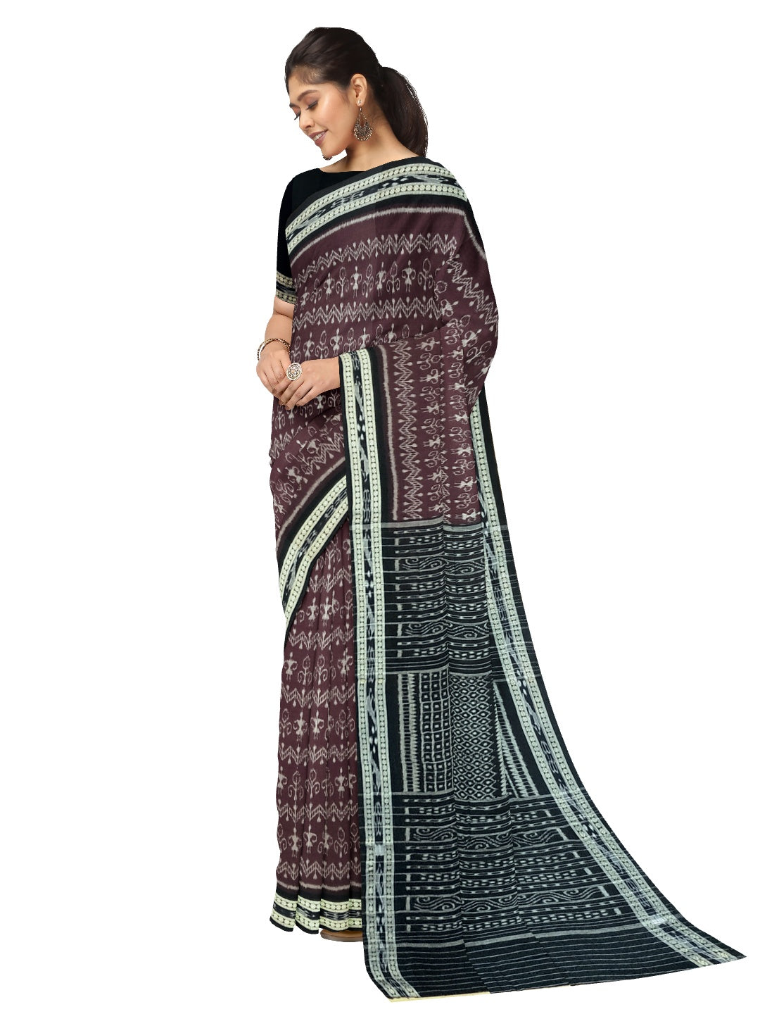 Dark Burgundy cotton Sambalpuri Saree with running blouse piece