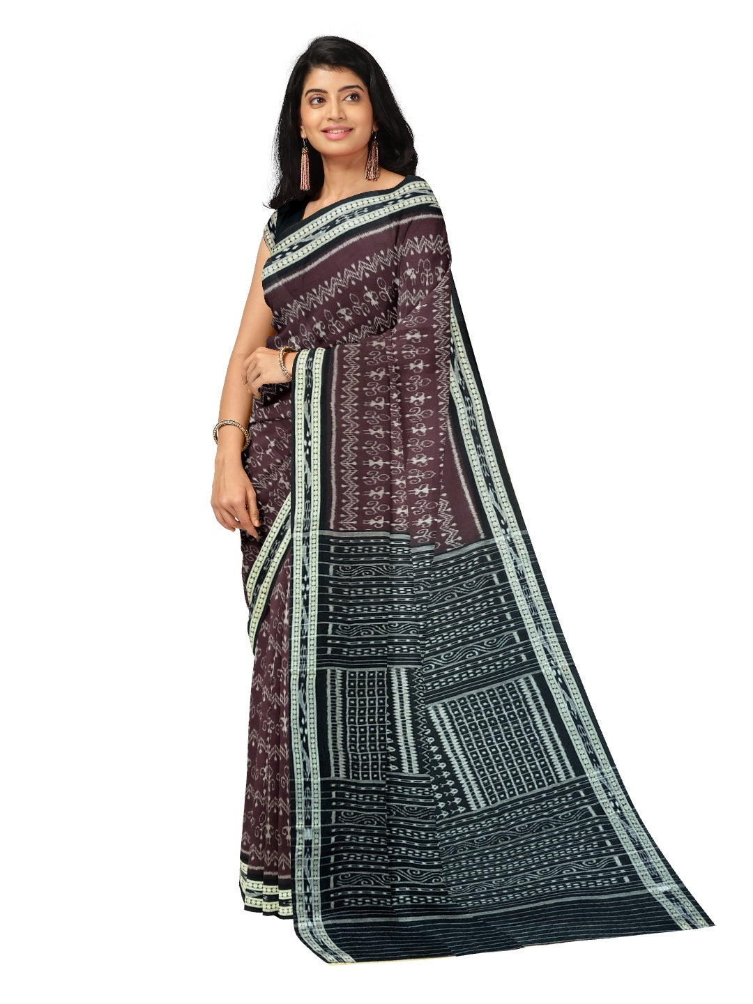 Dark Burgundy cotton Sambalpuri Saree with running blouse piece