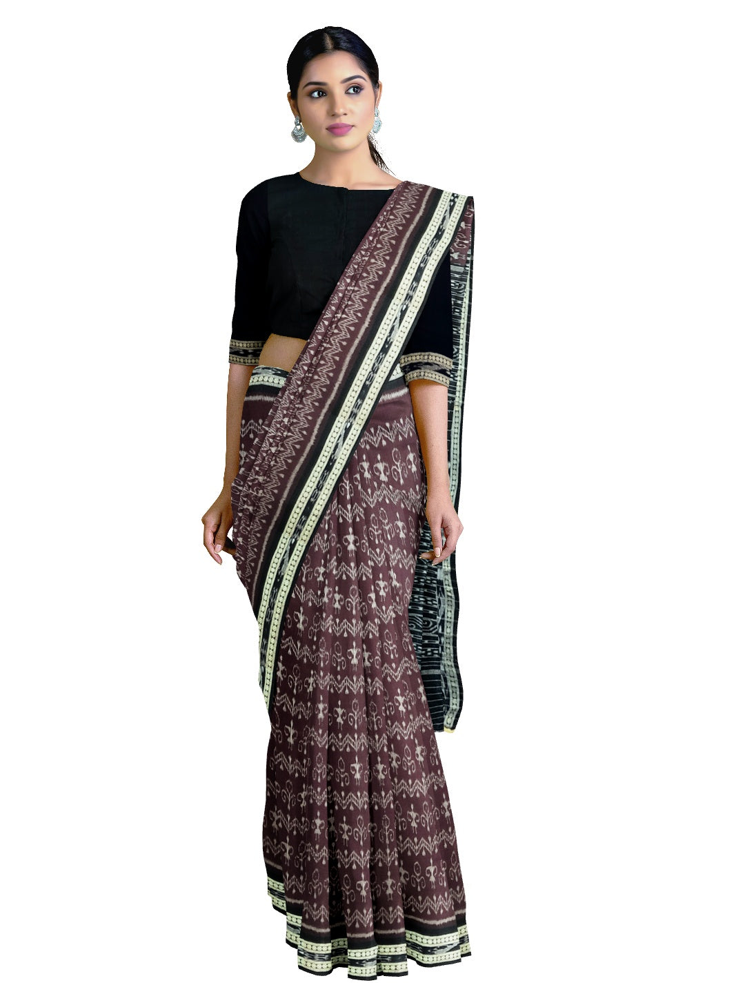 Dark Burgundy cotton Sambalpuri Saree with running blouse piece