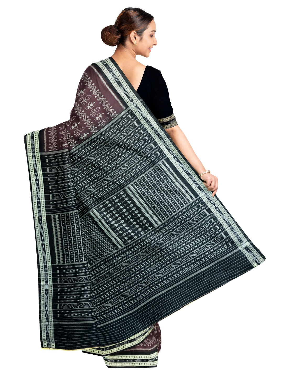 Dark Burgundy cotton Sambalpuri Saree with running blouse piece