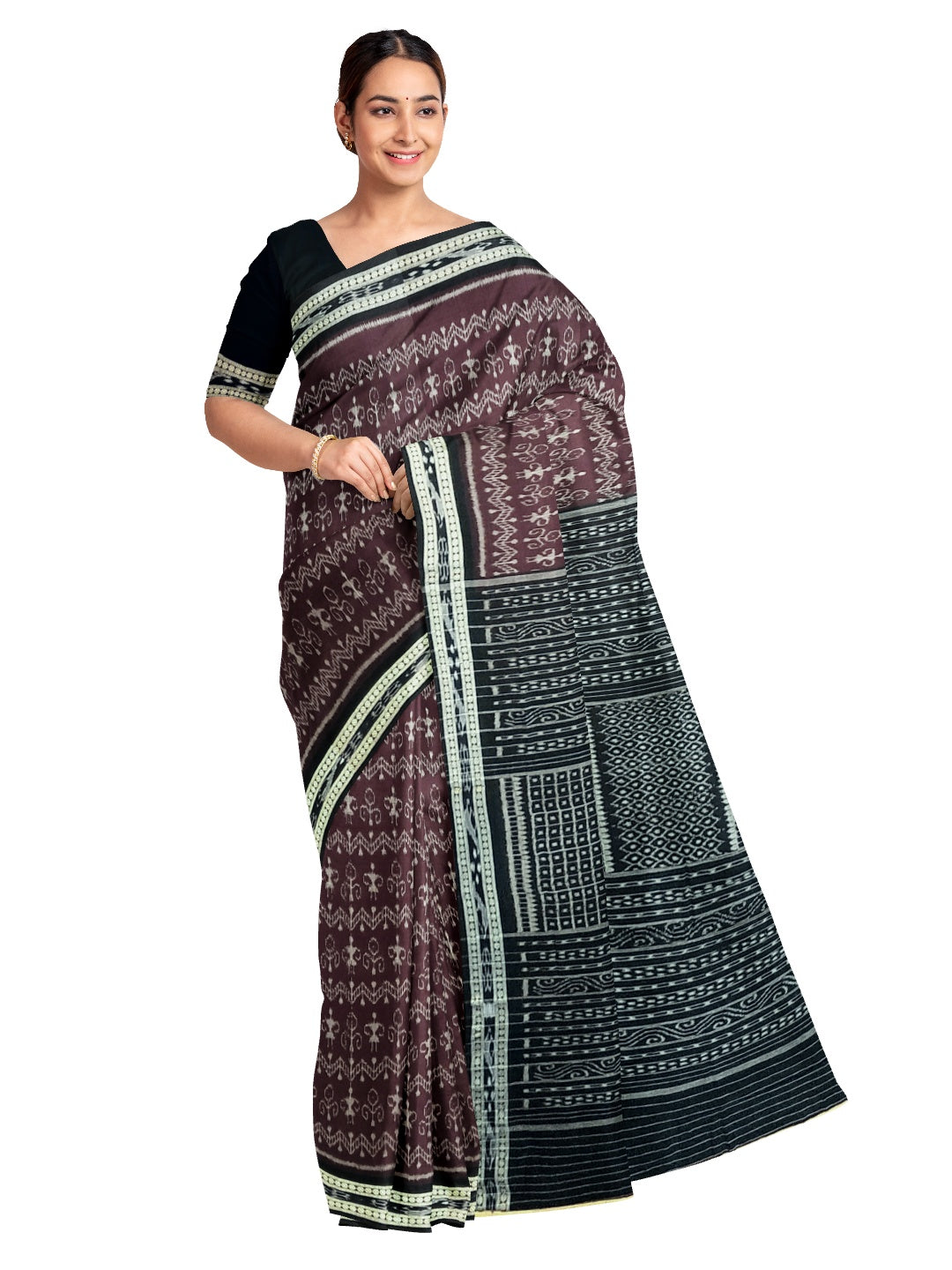 Dark Burgundy cotton Sambalpuri Saree with running blouse piece