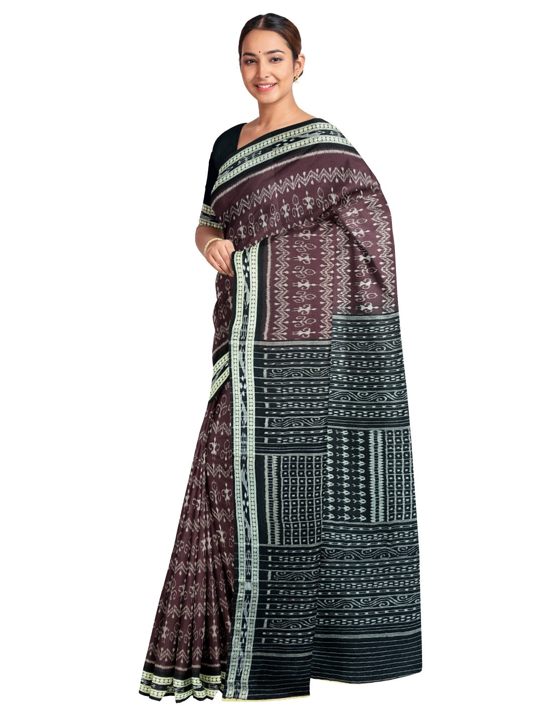 Dark Burgundy cotton Sambalpuri Saree with running blouse piece
